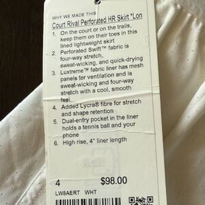 Lululemon White Tennis Skirt, Size 4